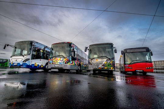 Fire busser på rekke med streetart. © Brian Tallman Photography