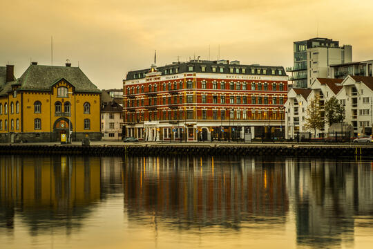 Hotel facade in red bricks at the waterfront in Stavanger